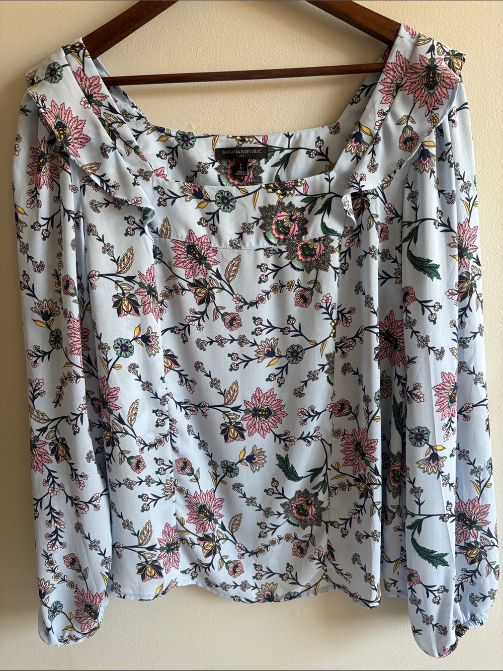Banana Republic Floral Puff Sleeve Square Neck Blouse Blue Pink Large